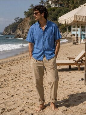 Men's Blue Short‎ Sleeve Button Down Shirt Cotton Casual Summer Essential XL